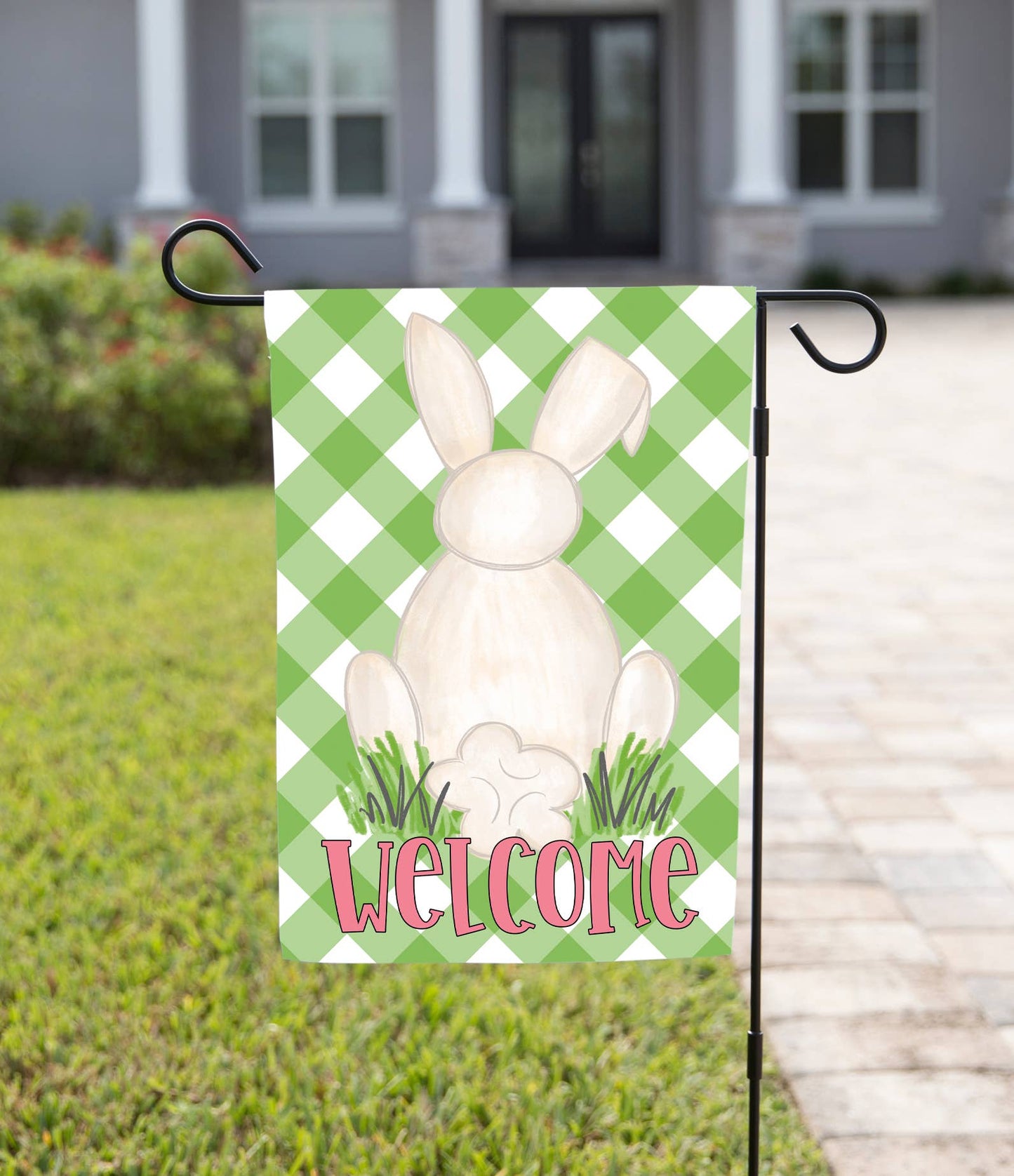 Green Plaid Bunny Garden Flag