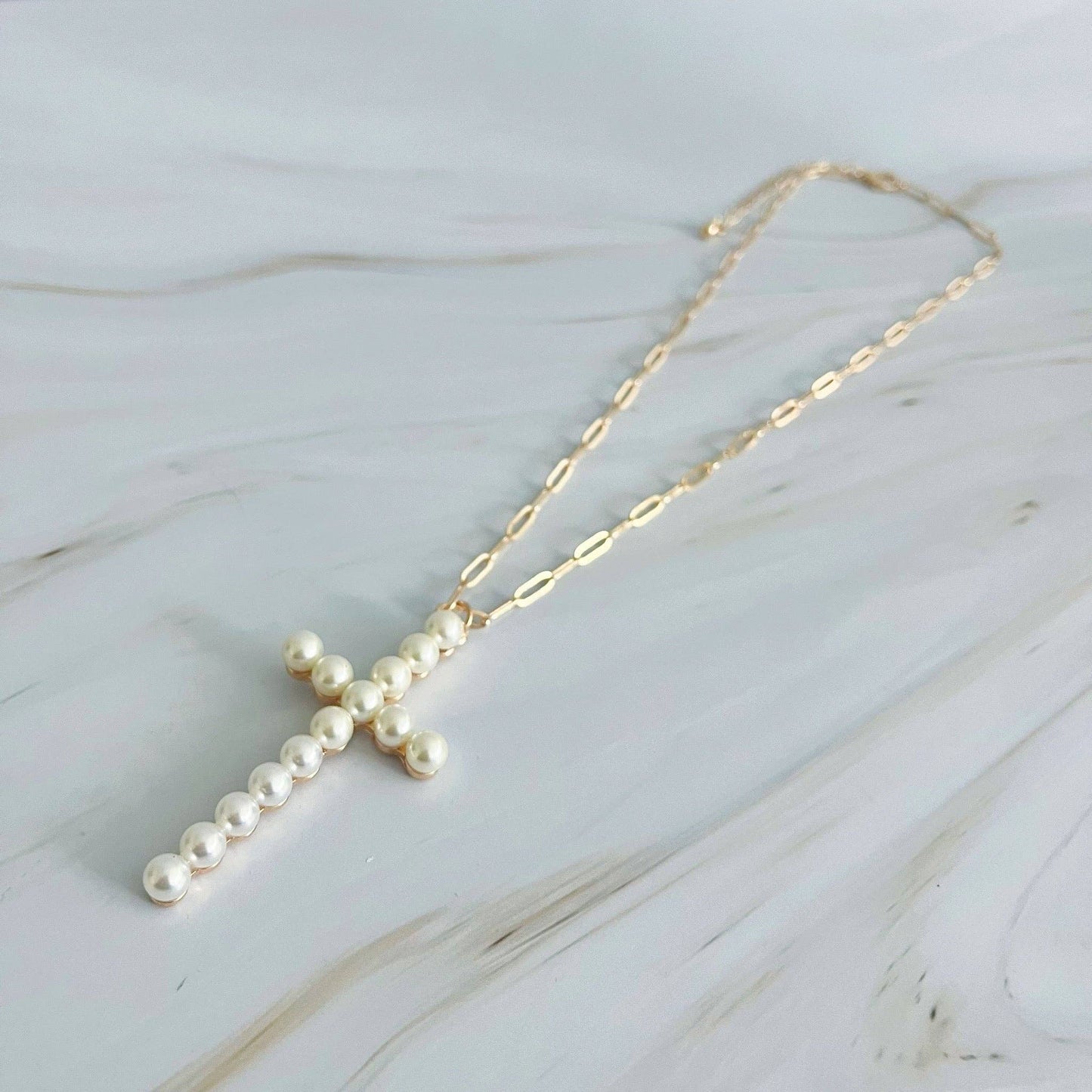 Large Pearl Cross Chain Necklace