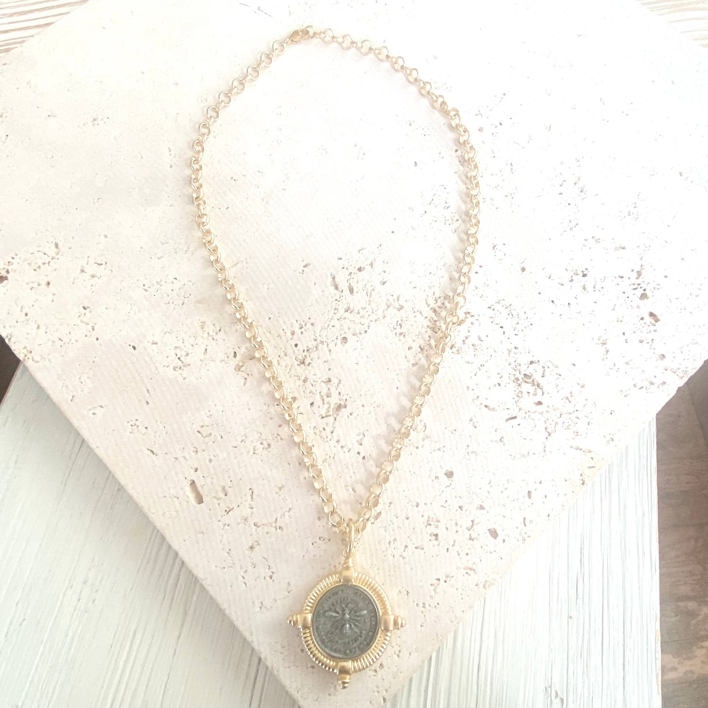 French Matte Coin Bee Necklace