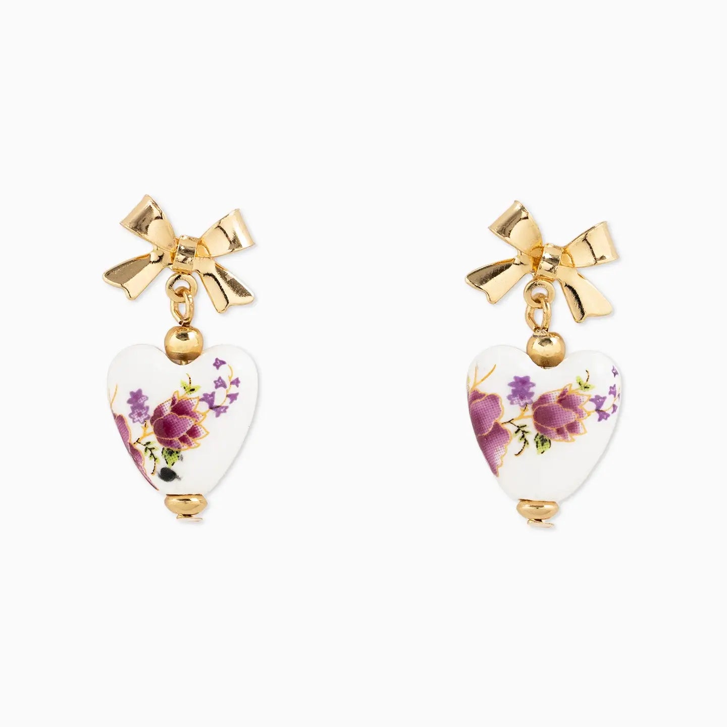Gold Bow & Ceramic Heart Earrings