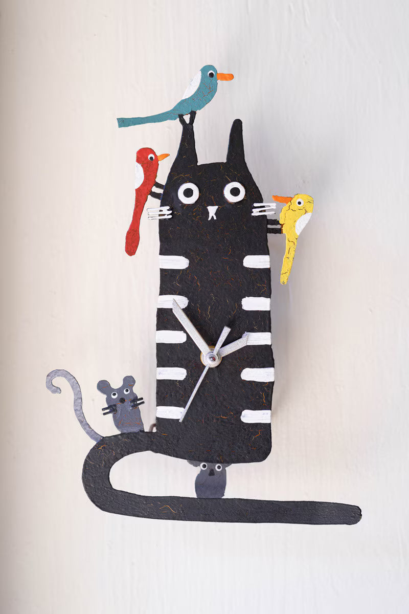 Hand Painted Black Cat Wall Clock