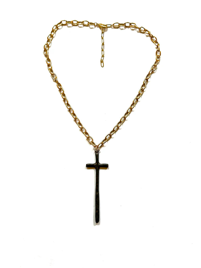 Rustic Cross- Gold Chain Necklace