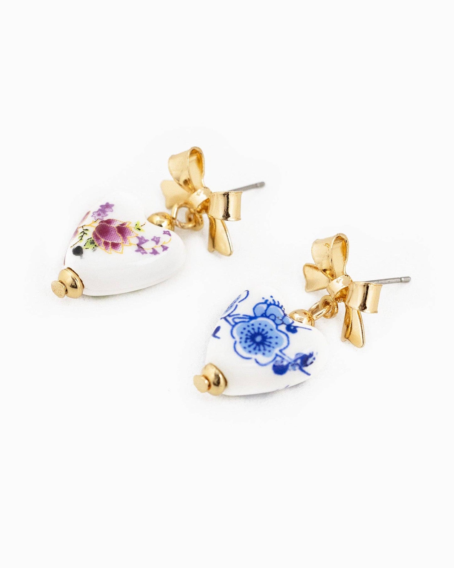 Gold Bow & Ceramic Heart Earrings
