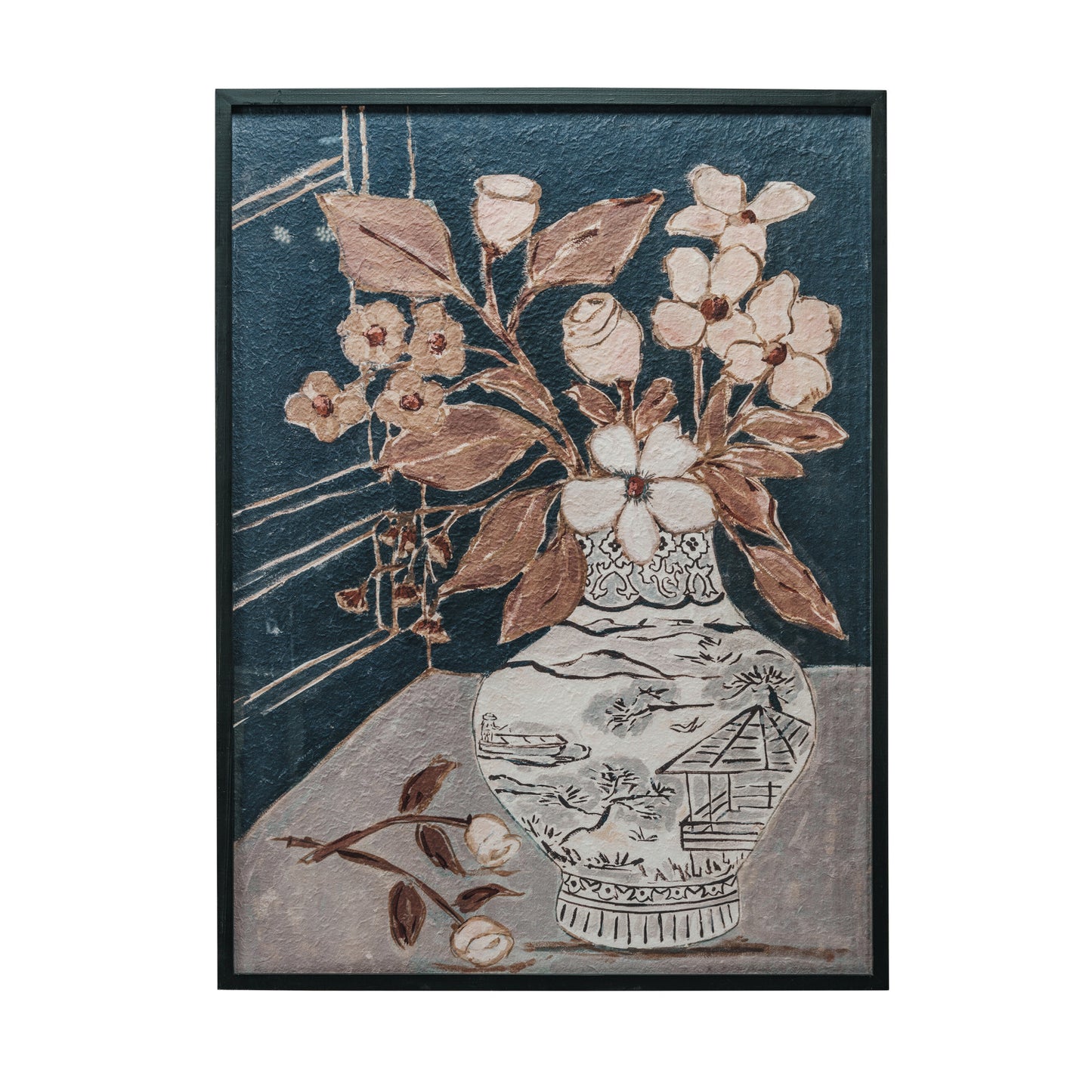 Wood Framed Picture with Flowers in Vase