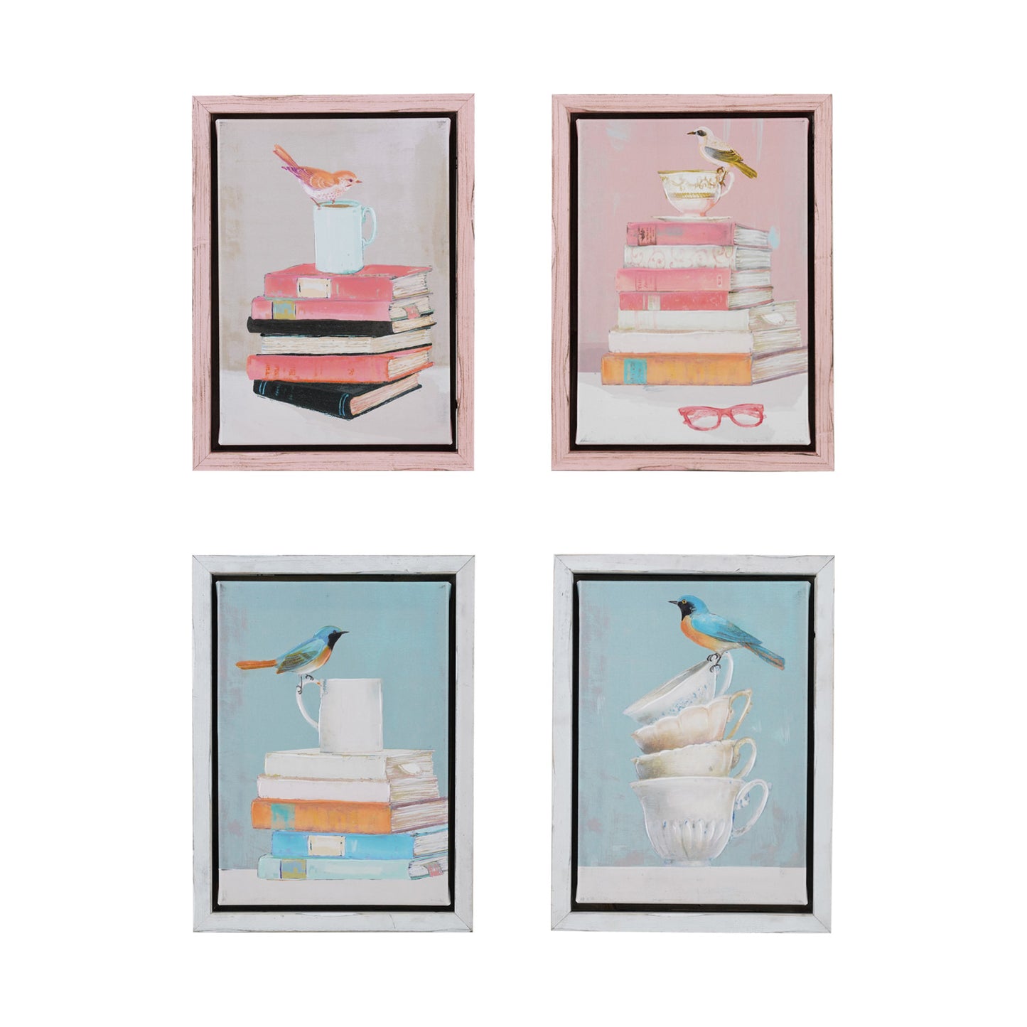 Hand-Painted Canvas Wall Decor with Bird & Mugs/Books