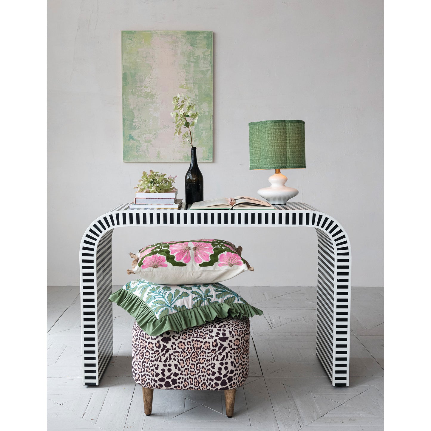 Stoneware lamp with scalloped Green shade