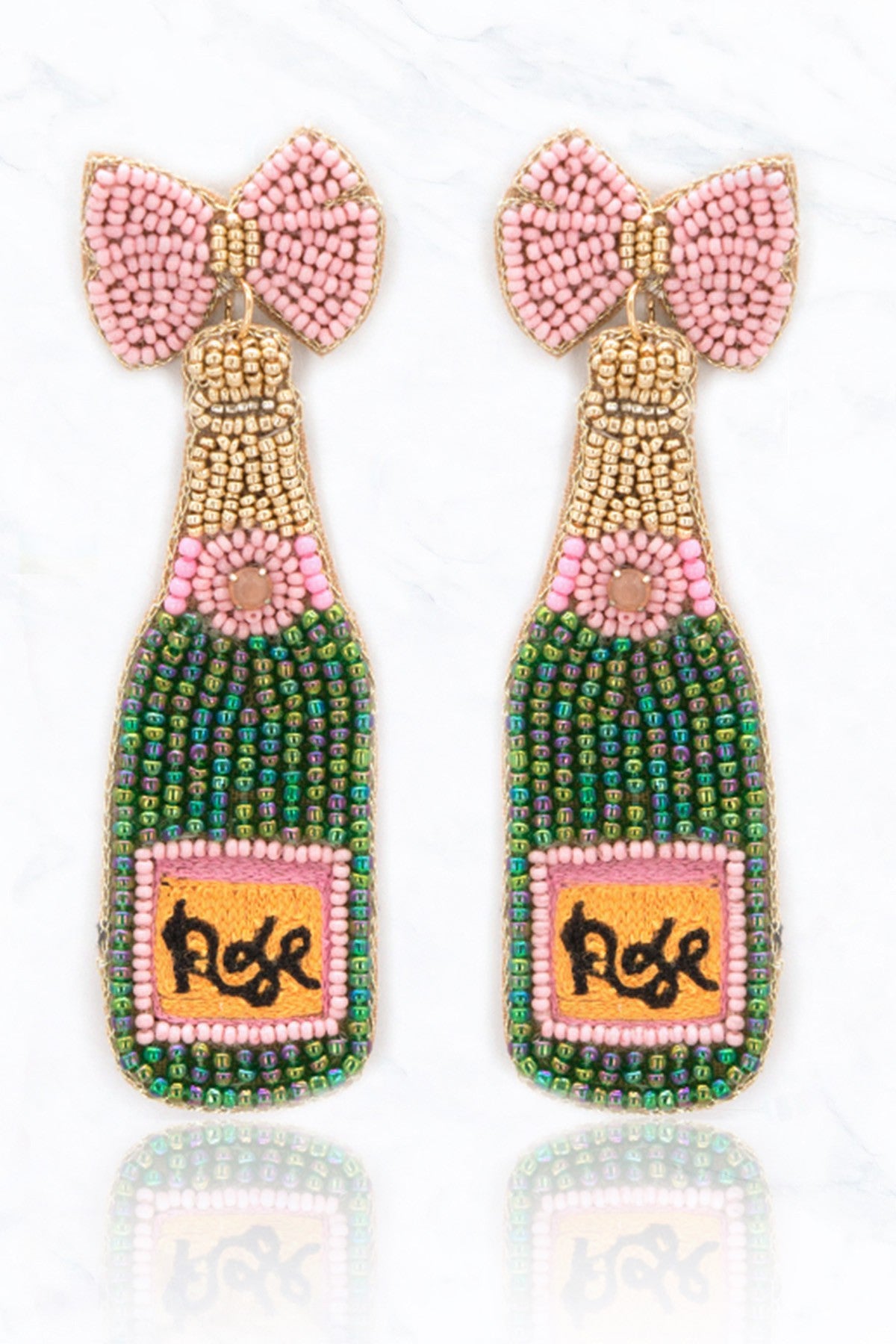 Champagne Bottle with Bow Beaded Earrings