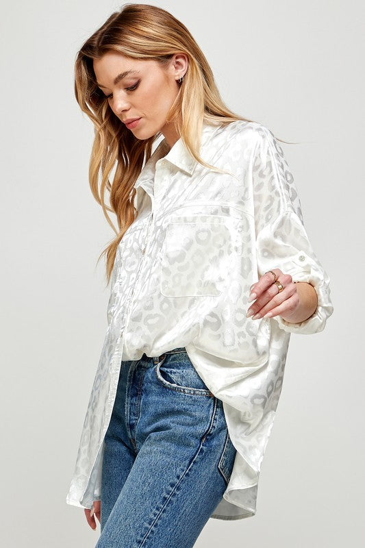 Satin Leopard Button-Down Top