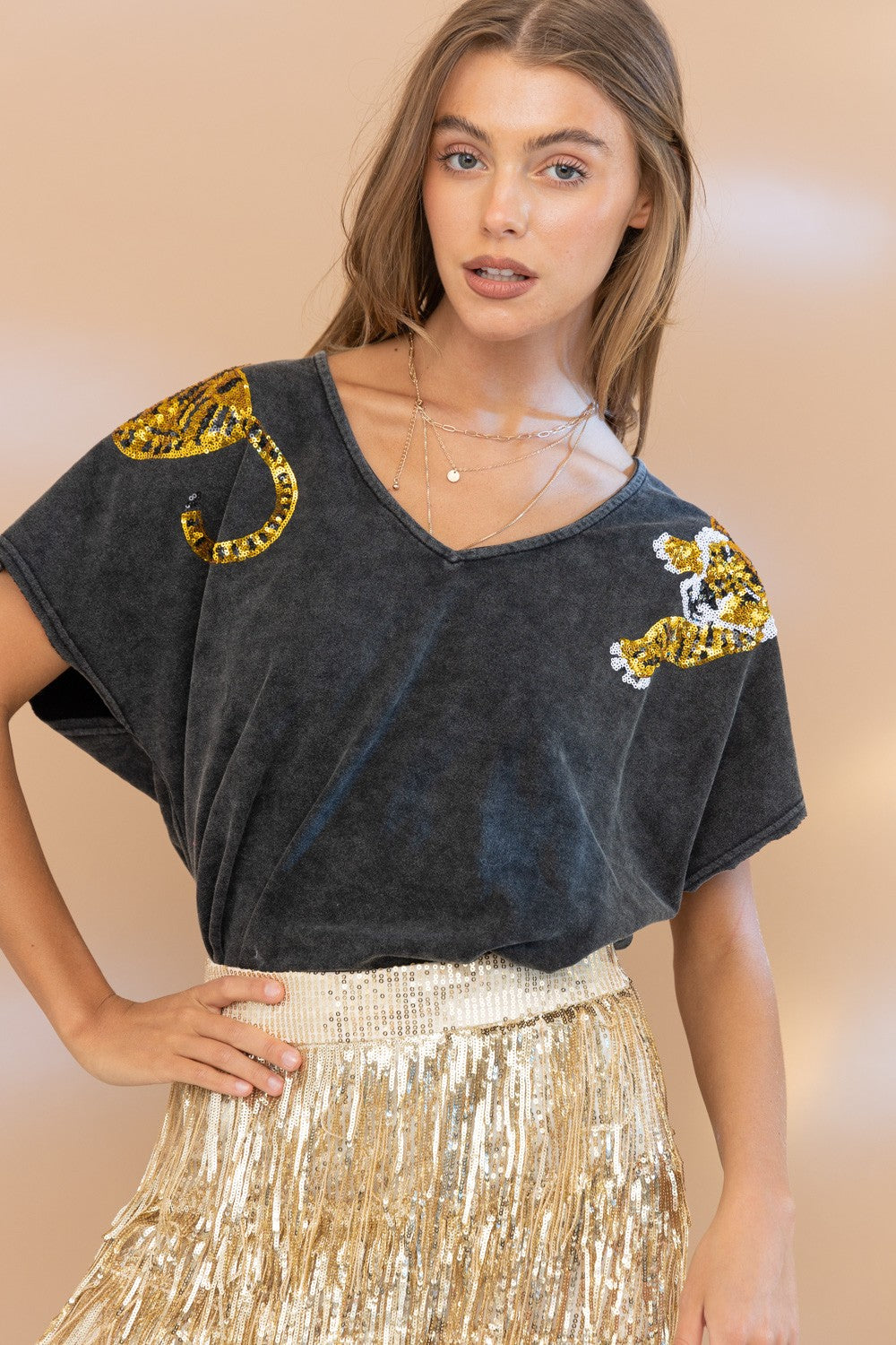 Sequined Tiger Shoulder Top