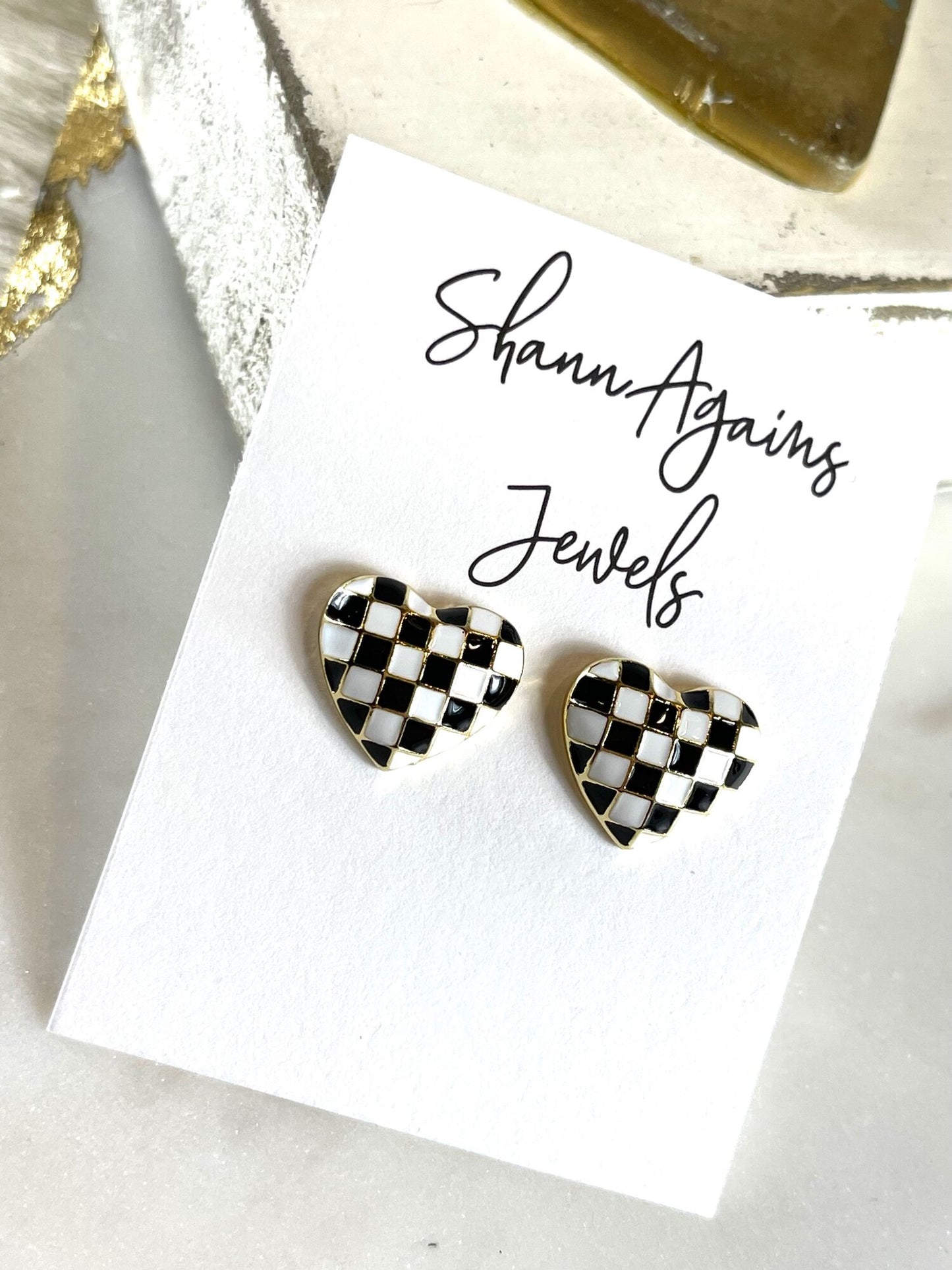 Checkered Heart Studs