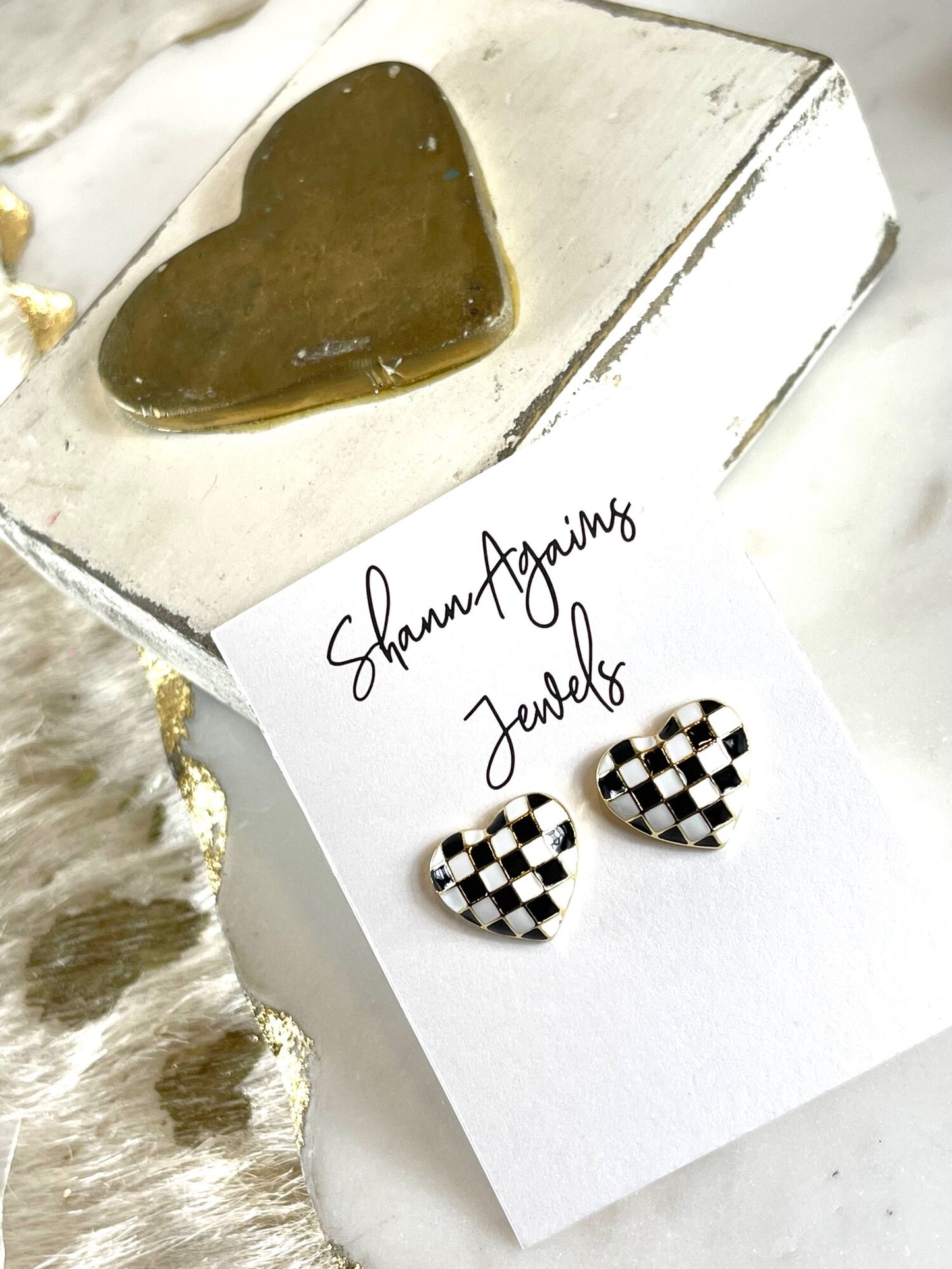 Checkered Heart Studs