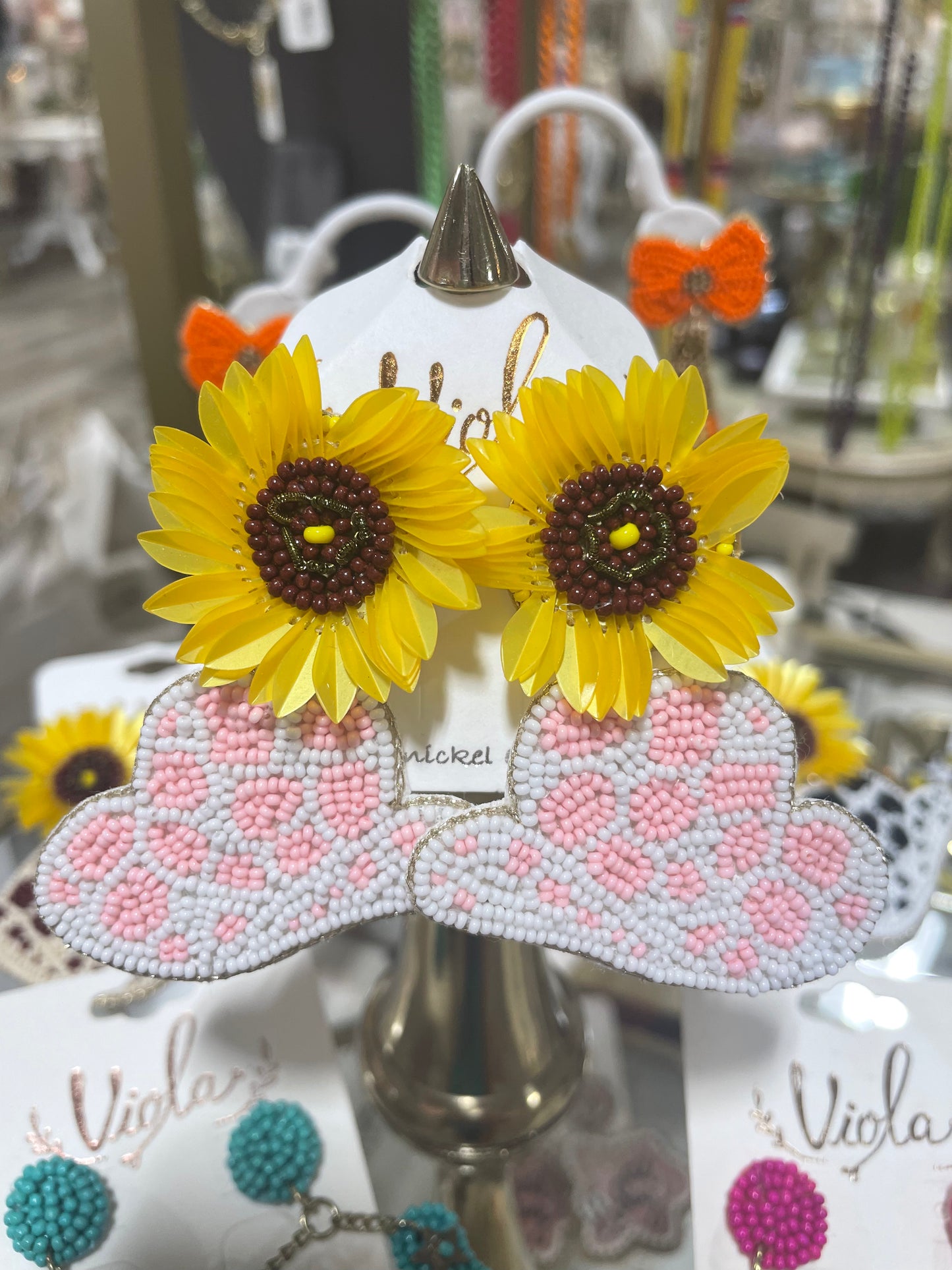 Sunflower & Beaded Cowboy Hat Earrings