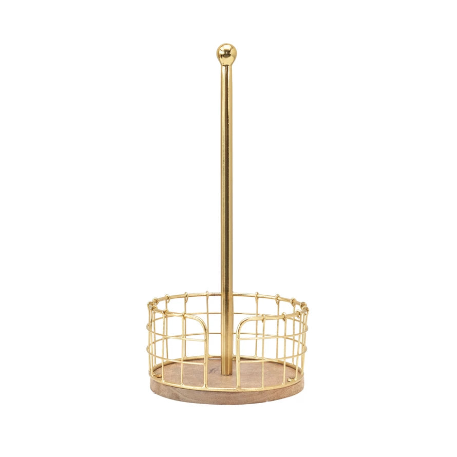 Wood & Gold Basket Paper Towel Holder