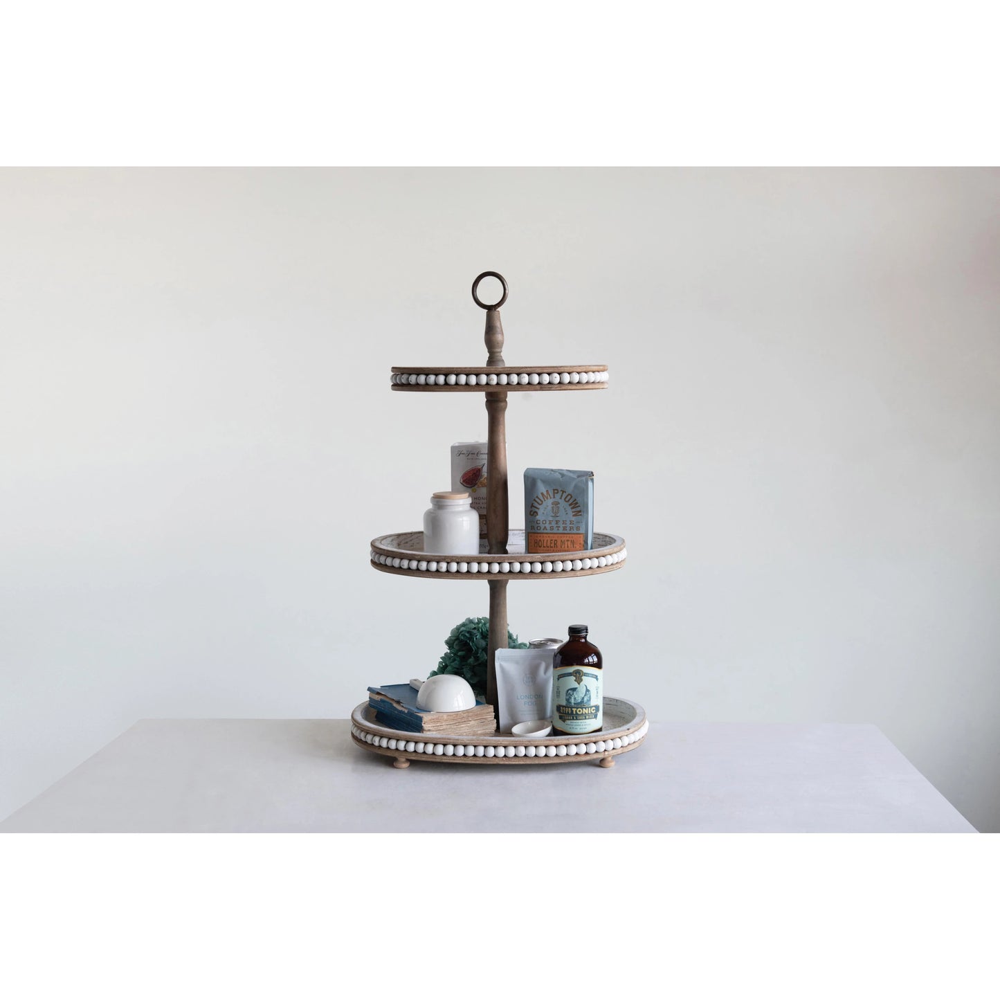 30"H Wood 3-Tier Oval Tray