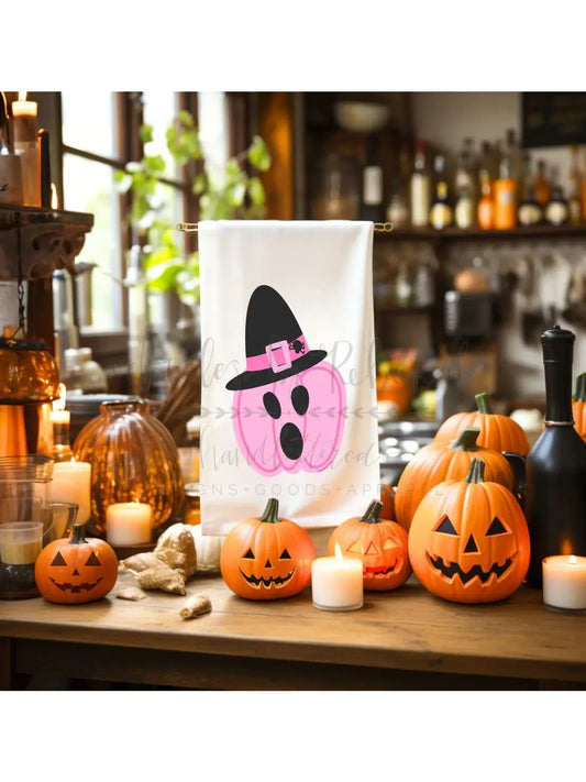 Pink Jack-O-Lantern Tea Towel