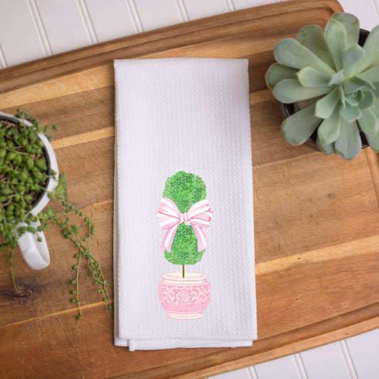 Pink Bow Topiary Waffle Kitchen Towel