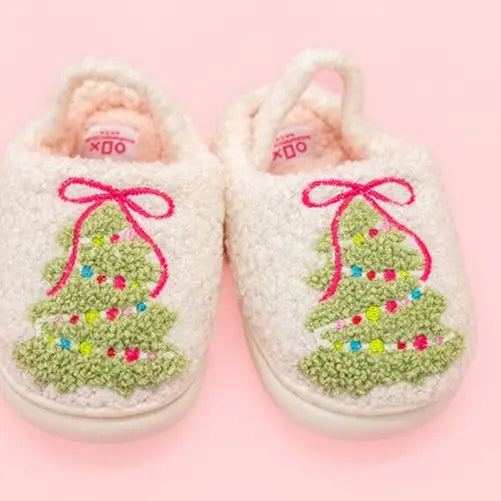Pink Bow Christmas Tree Slippers