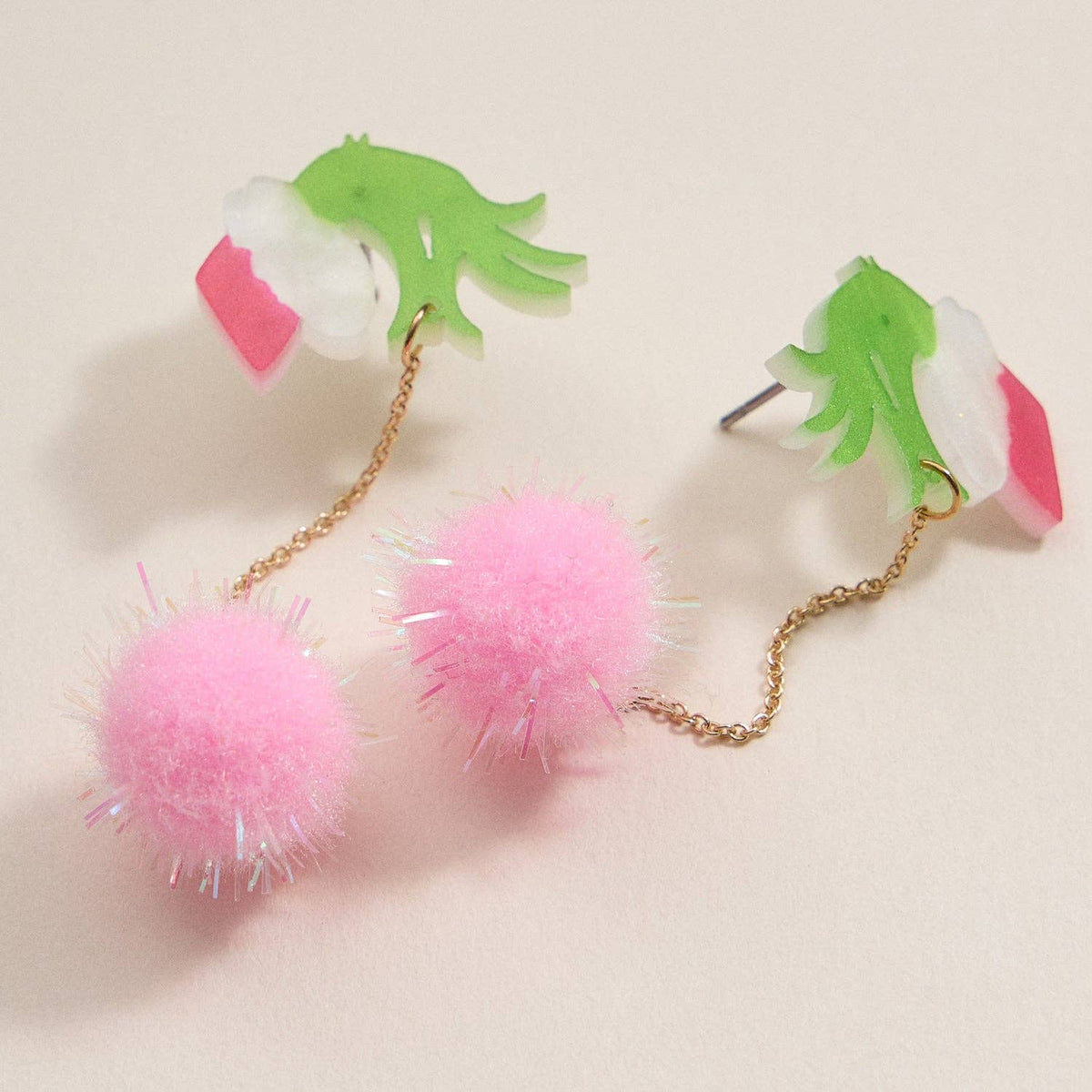 Green Monster Pom Pom Drop Earrings