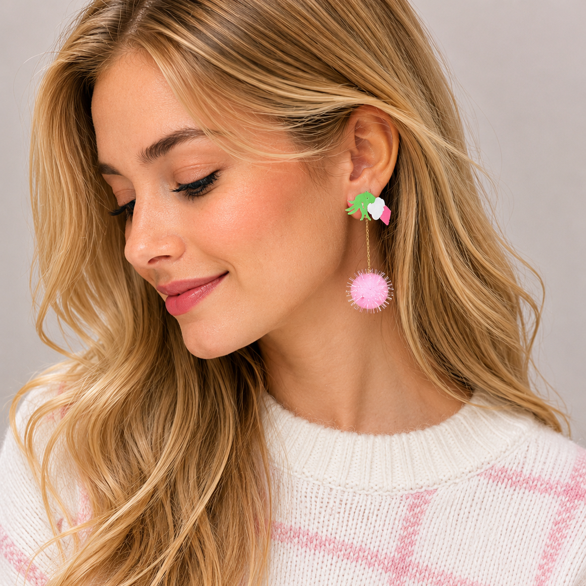 Green Monster Pom Pom Drop Earrings