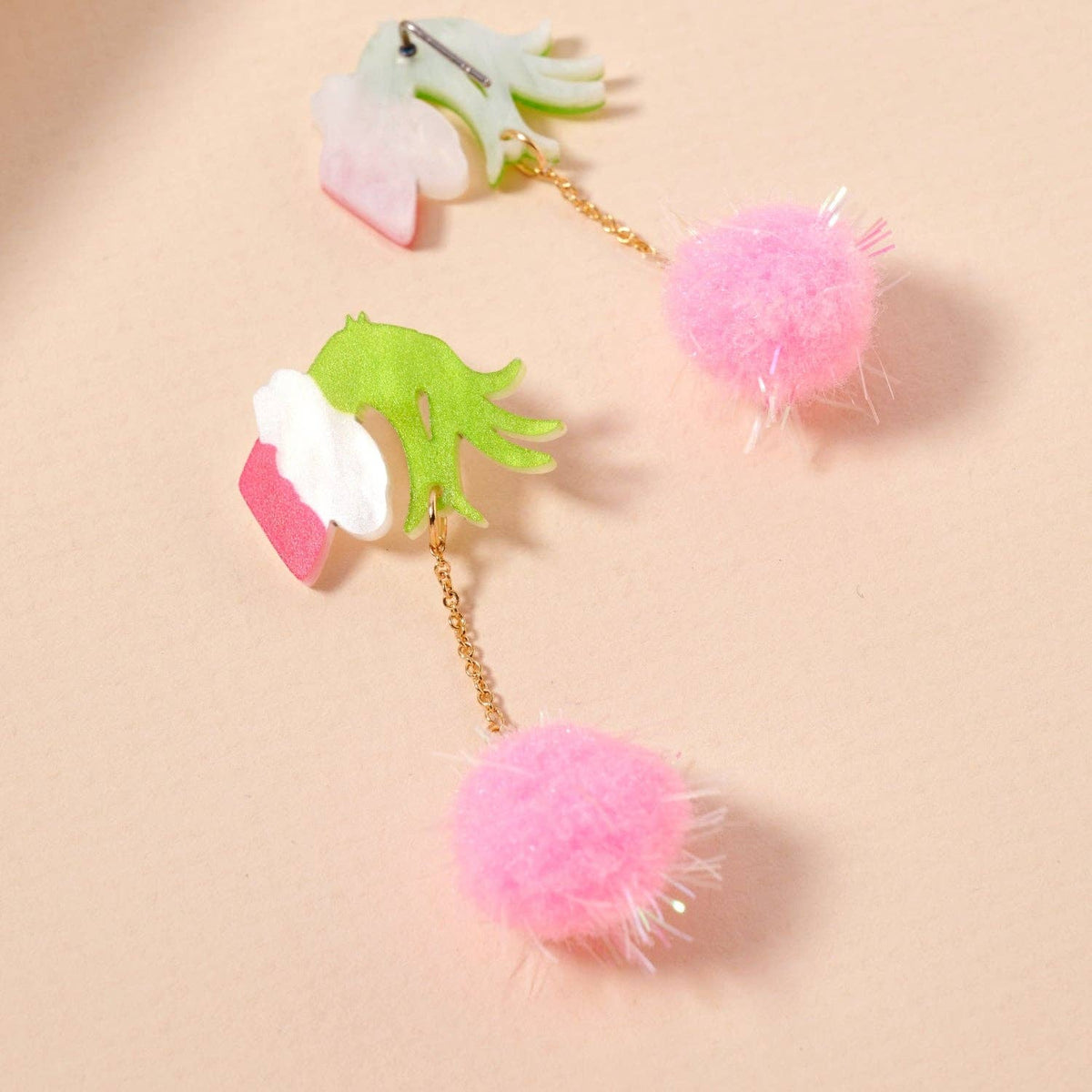Green Monster Pom Pom Drop Earrings