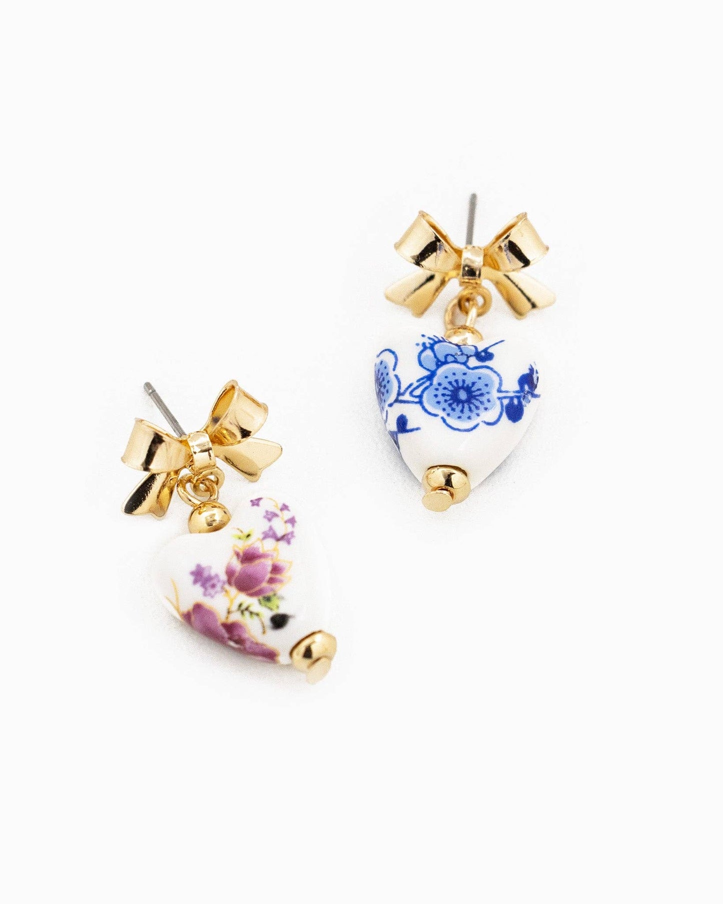 Gold Bow & Ceramic Heart Earrings