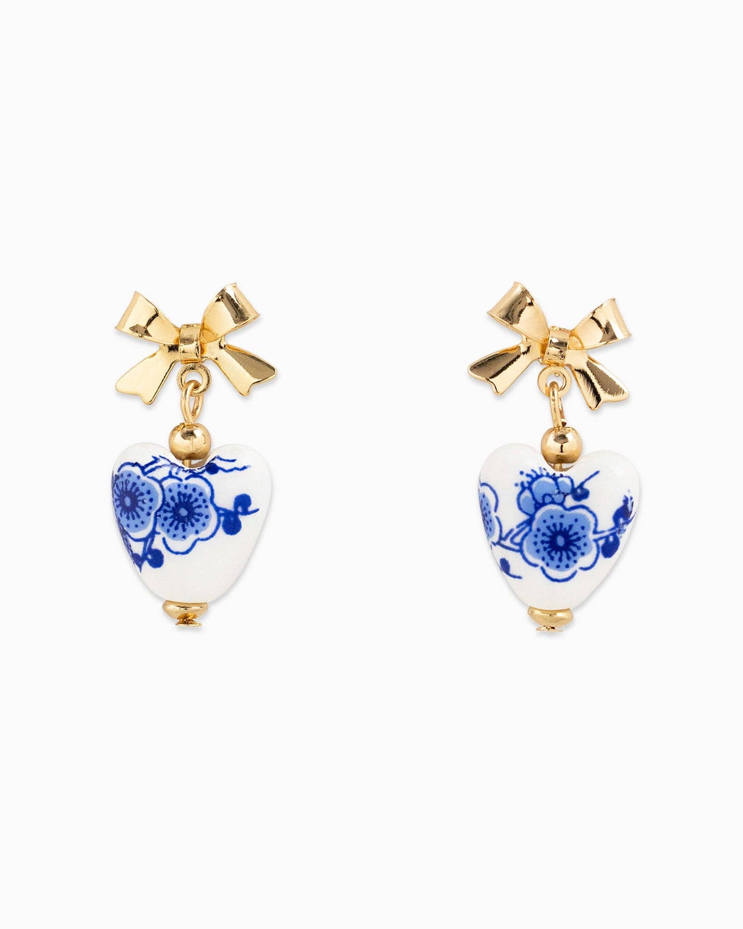 Gold Bow & Ceramic Heart Earrings