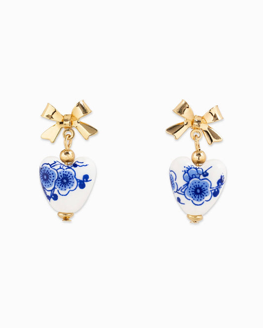 Gold Bow & Ceramic Heart Earrings