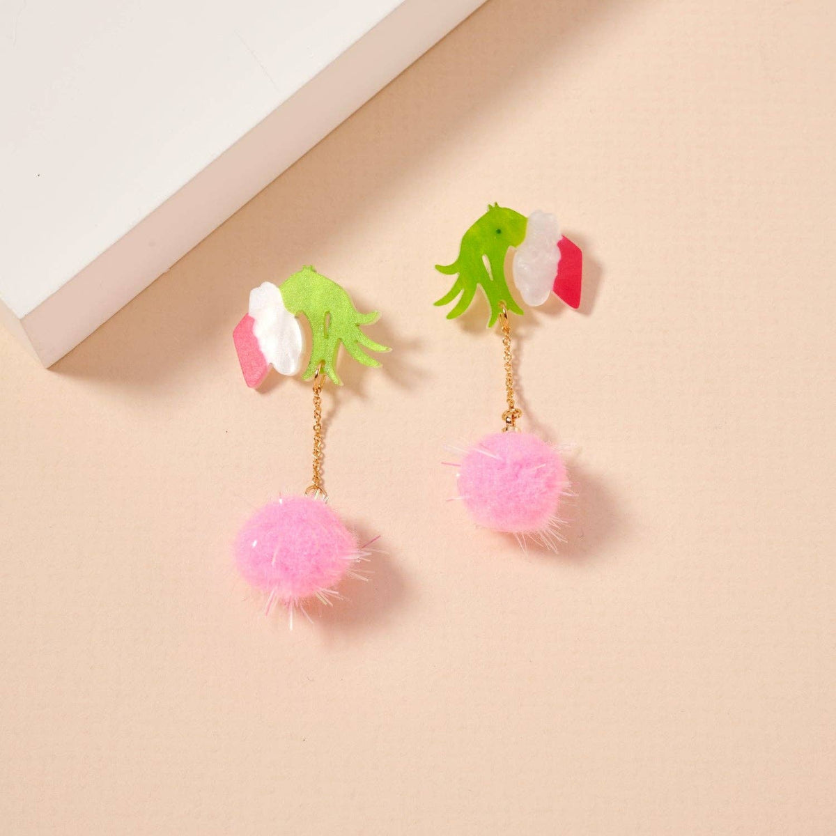 Green Monster Pom Pom Drop Earrings