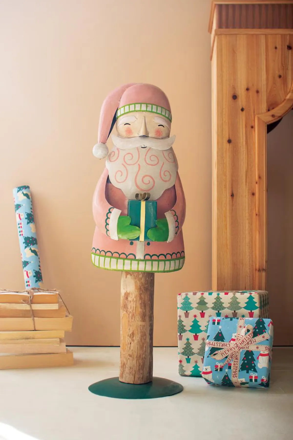 Metal Painted Santa on Wood Base
