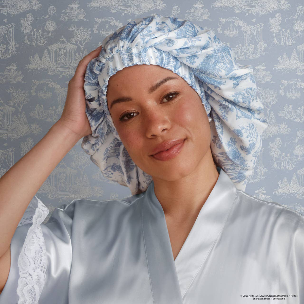 Bridgerton x Kitsch Breathable Satin Bonnet in Garden Toile