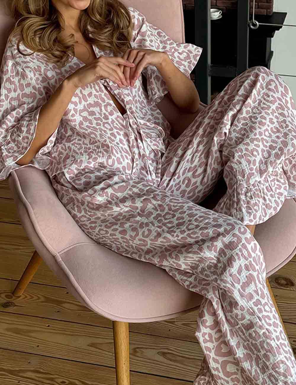 Leopard Short Sleeve Pajama Pant Set
