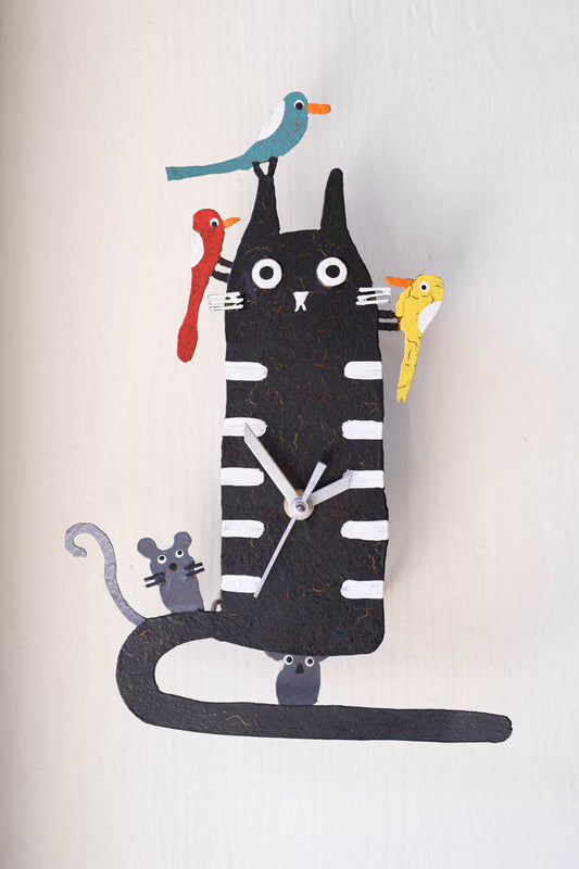 Hand Painted Black Cat Wall Clock