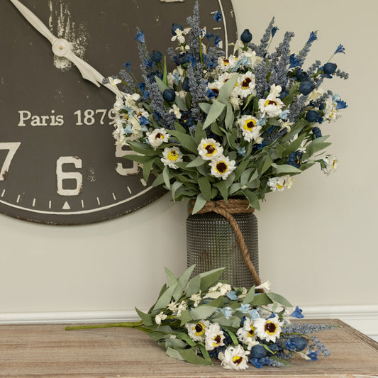 22" White Daisy & Blue Heather Bush