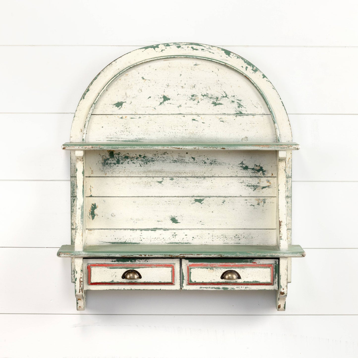Arched Wood Wall Cabinet with Green Shelves