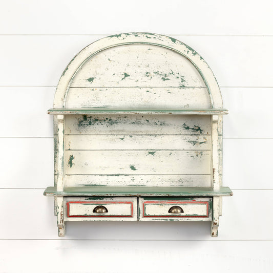 Arched Wood Wall Cabinet with Green Shelves