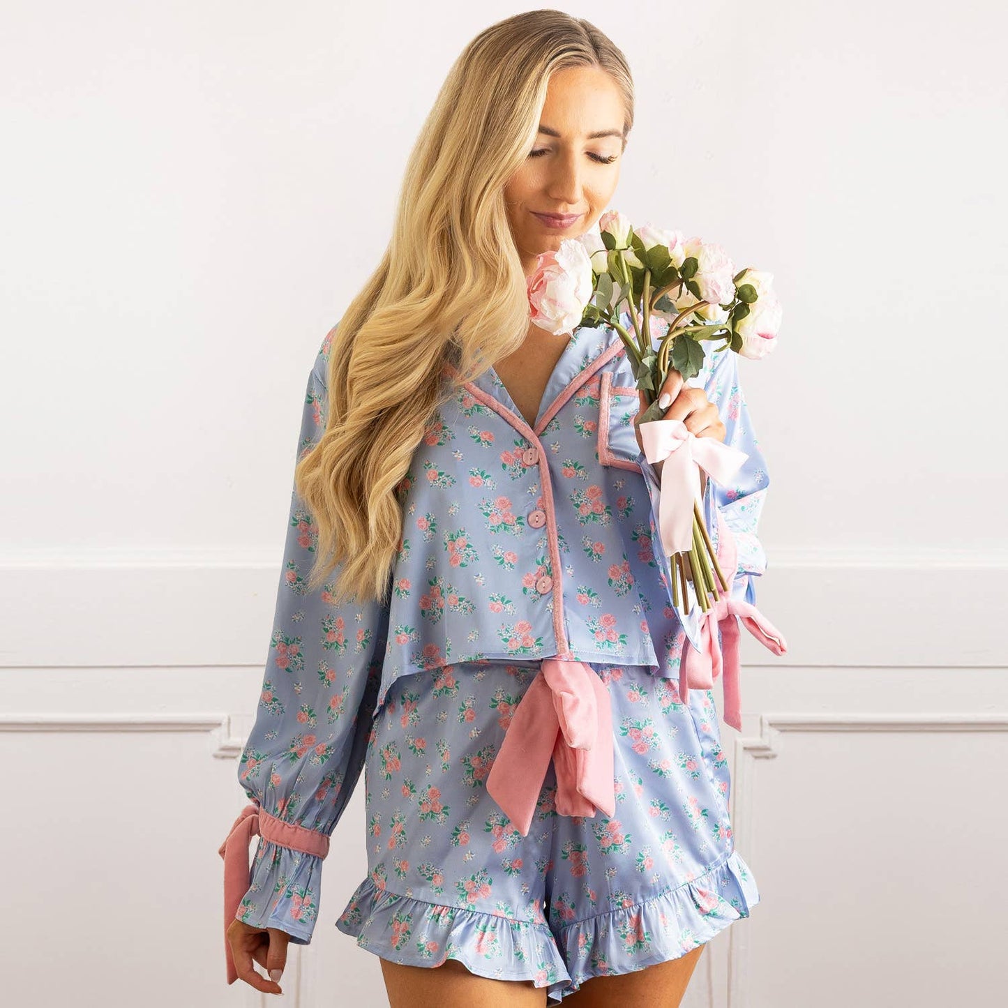 Cottage Floral Periwinkle Satin Ruffle PJ Short Set