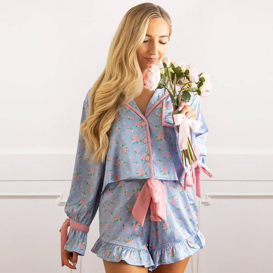 Cottage Floral Periwinkle Satin Ruffle PJ Short Set