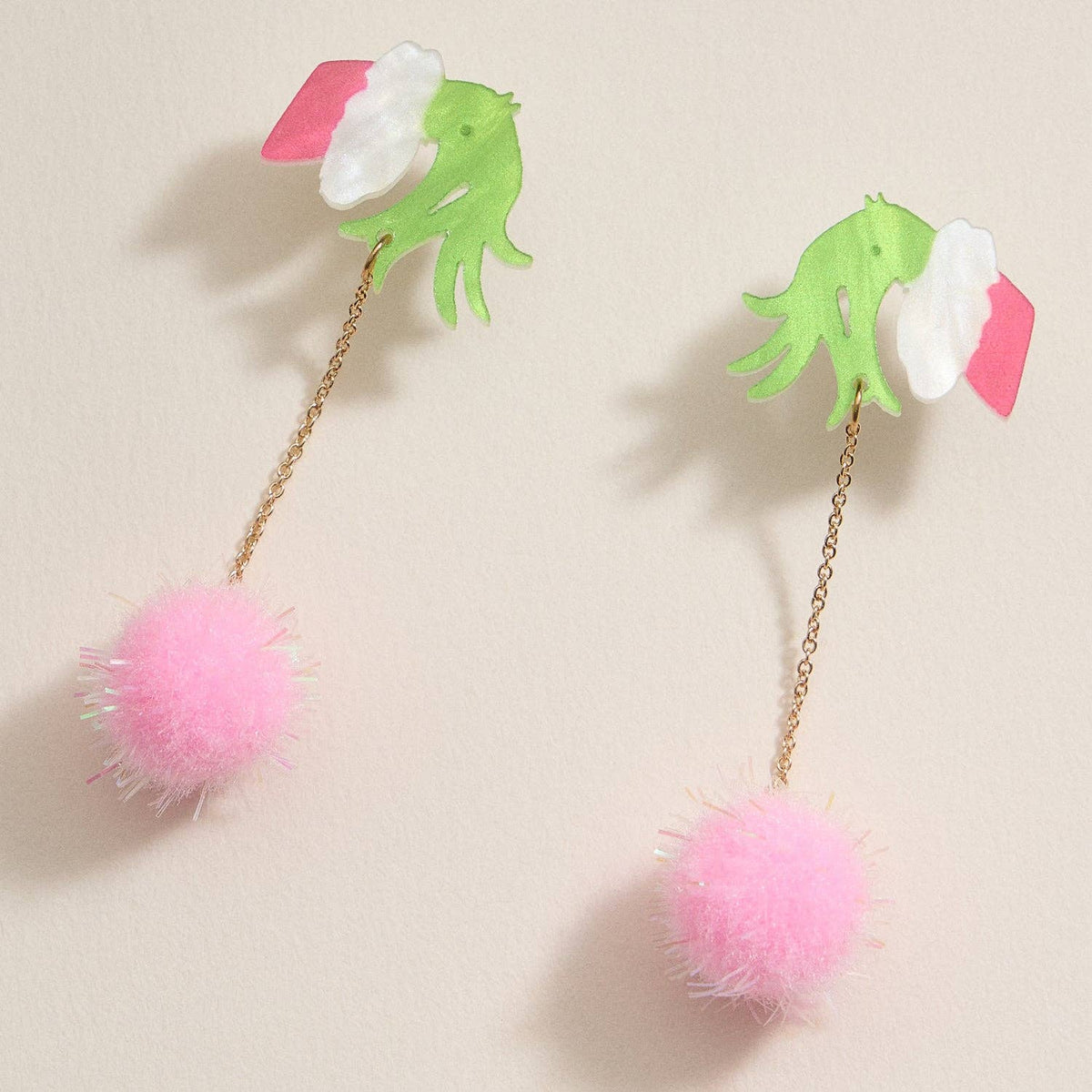 Green Monster Pom Pom Drop Earrings