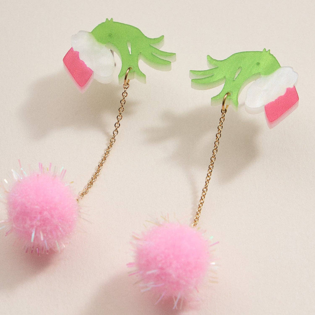 Green Monster Pom Pom Drop Earrings