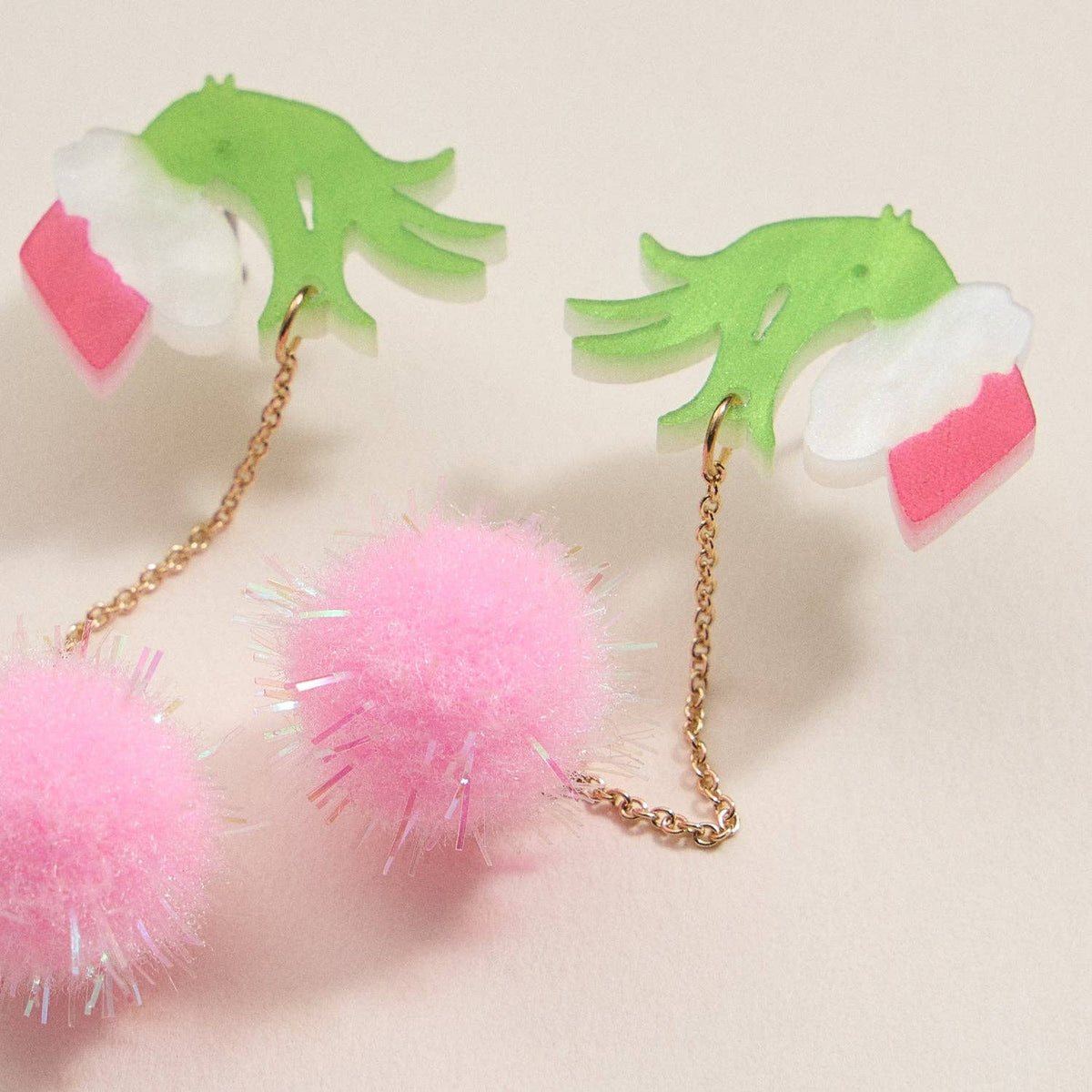 Green Monster Pom Pom Drop Earrings