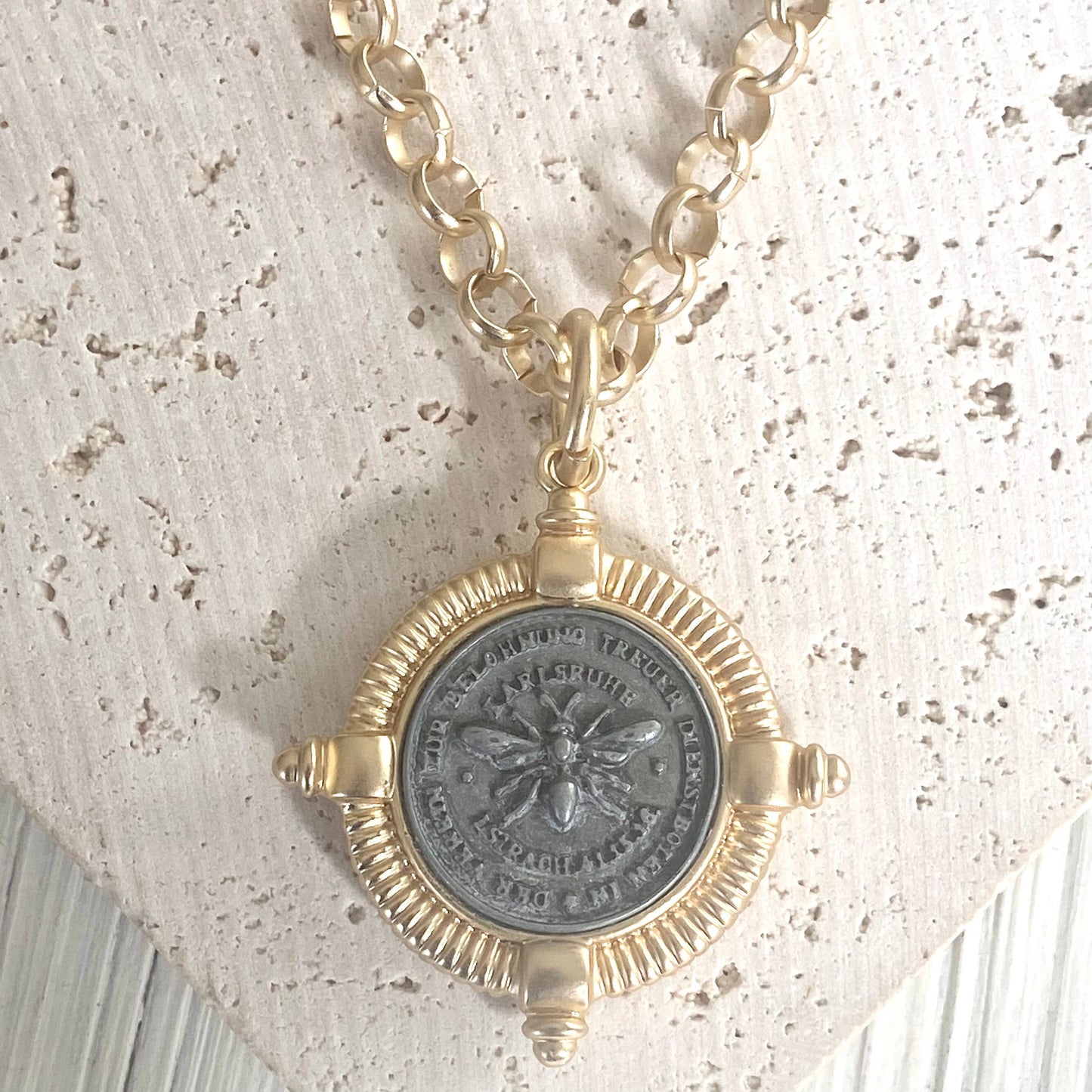 French Matte Coin Bee Necklace