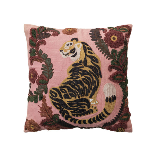 20" Embroidered Floral Tiger Pillow