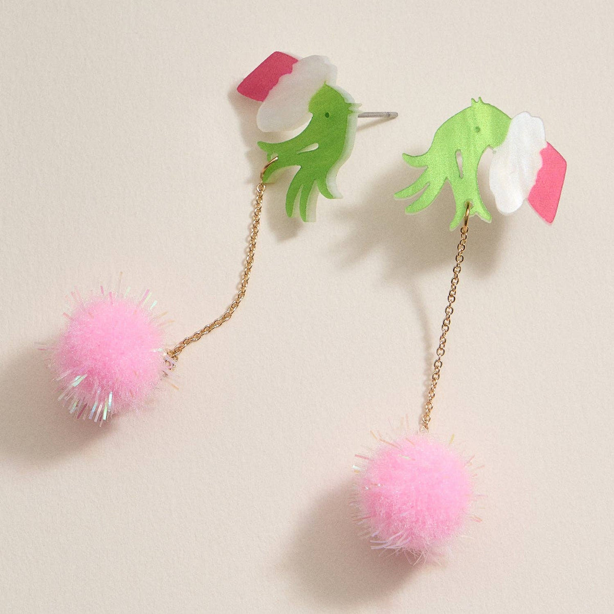 Green Monster Pom Pom Drop Earrings