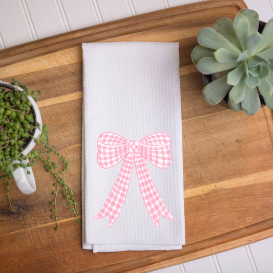 Pink Gingham Bow Waffle Kitchen Towel