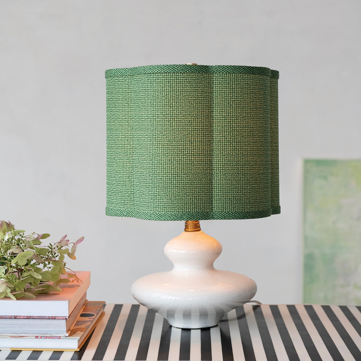 Stoneware lamp with scalloped Green shade