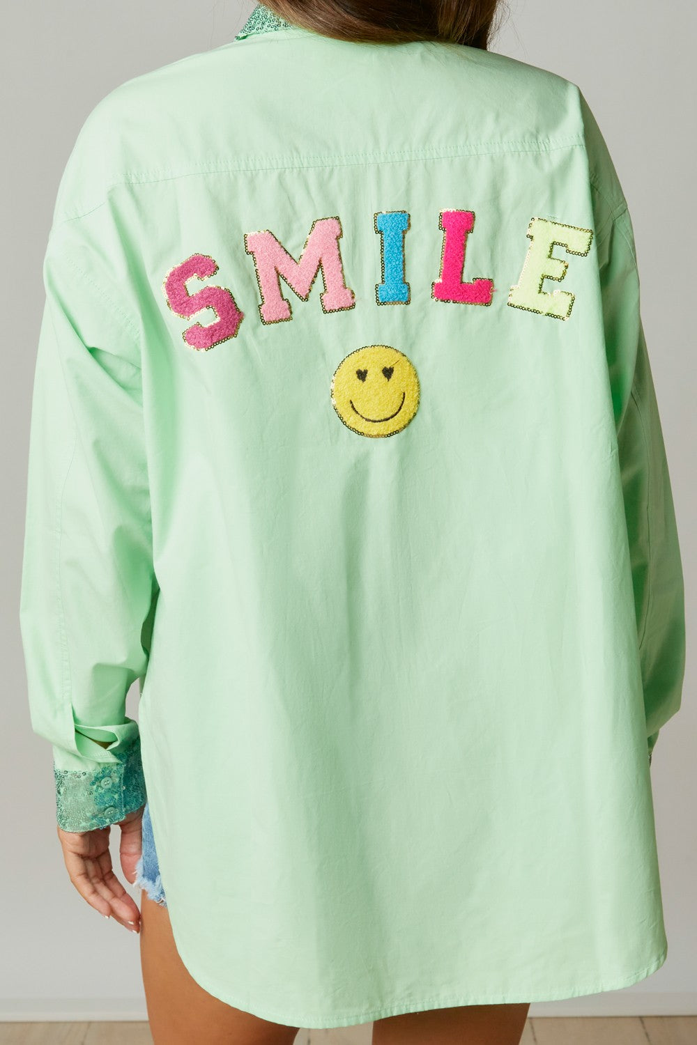 Sequin "Smile" Button-Down Top