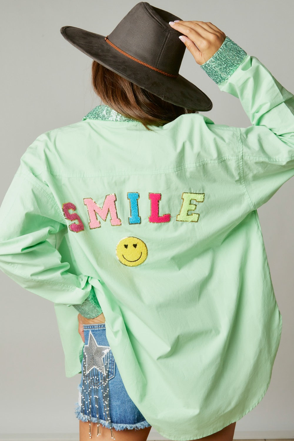 Sequin "Smile" Button-Down Top