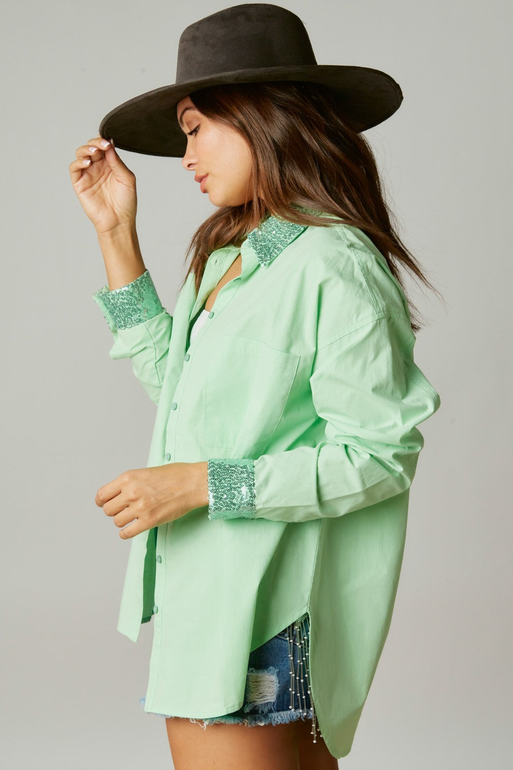 Sequin "Smile" Button-Down Top