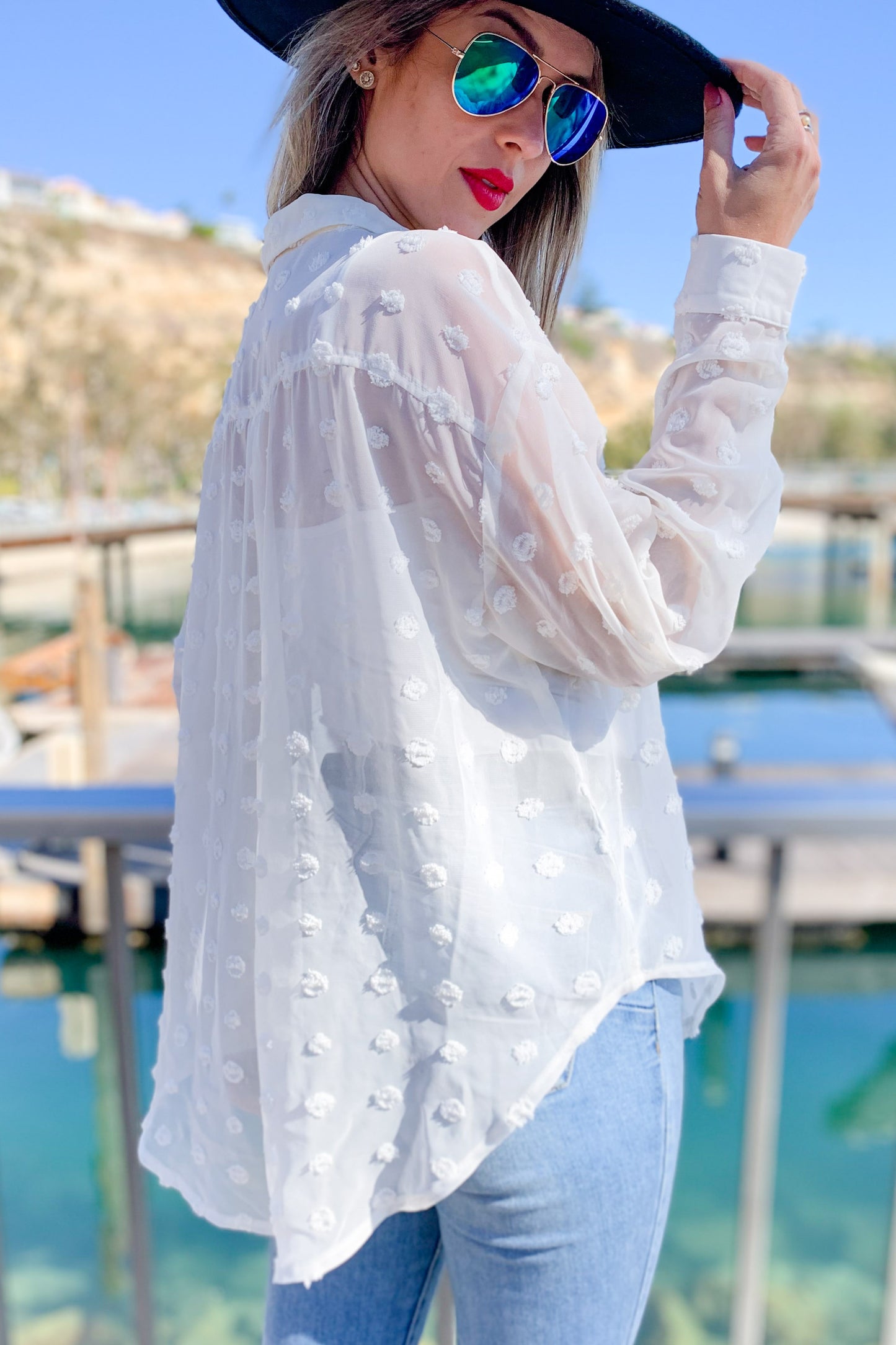 Off White Sheer Polka-Dot Blouse