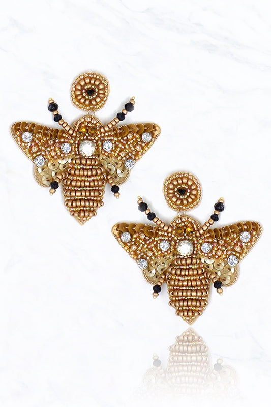 Gold Beaded Bee Earrings